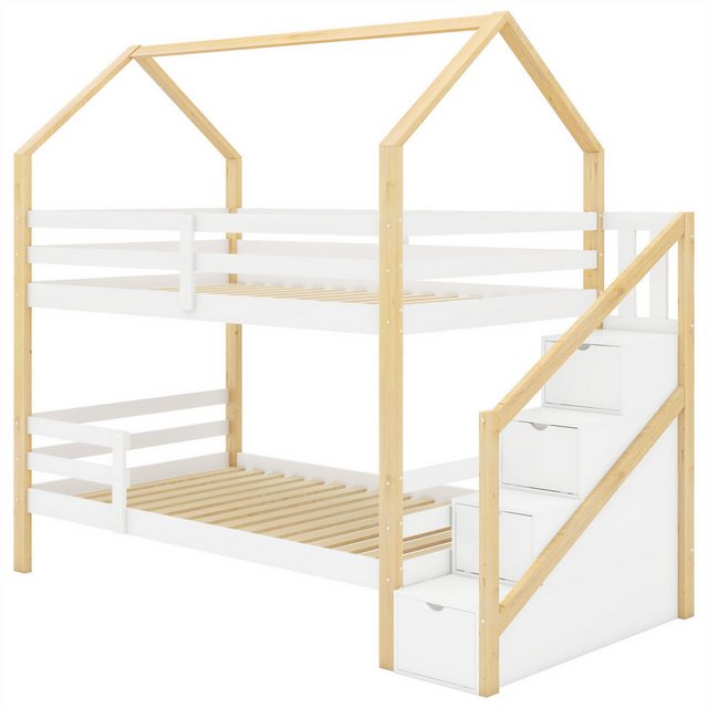 autolock Hochbett Ins und aus dem Bett kommen,Doppelbett,Kinderbett in Hausform Leiterschrank,Kiefernholz Haus Bett for Kids, Farblich abgestimmtes