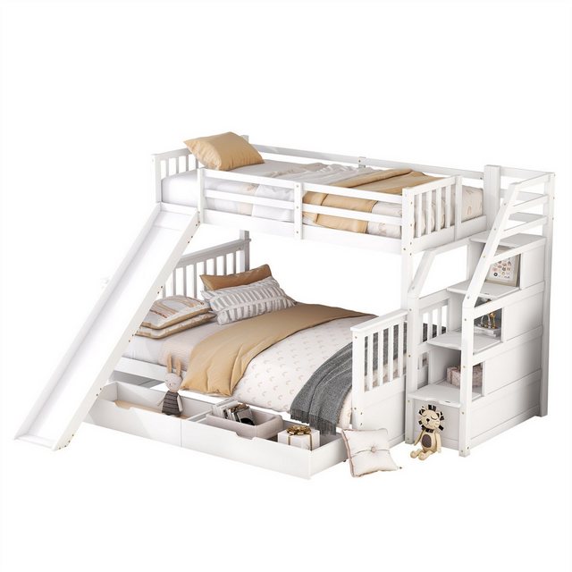 autolock Hochbett Kinderbett,90 x 200 über 140 x 200 Etagenbett mit Schubladen Stauraum und Rutsche, multifunktional