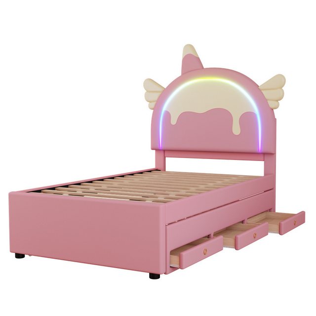 autolock Jugendbett 90*200cm Cartoon Kinderbett, Einhornform, ausgestattet mit ausziehbarem Rollbett, PU-Material, rosa