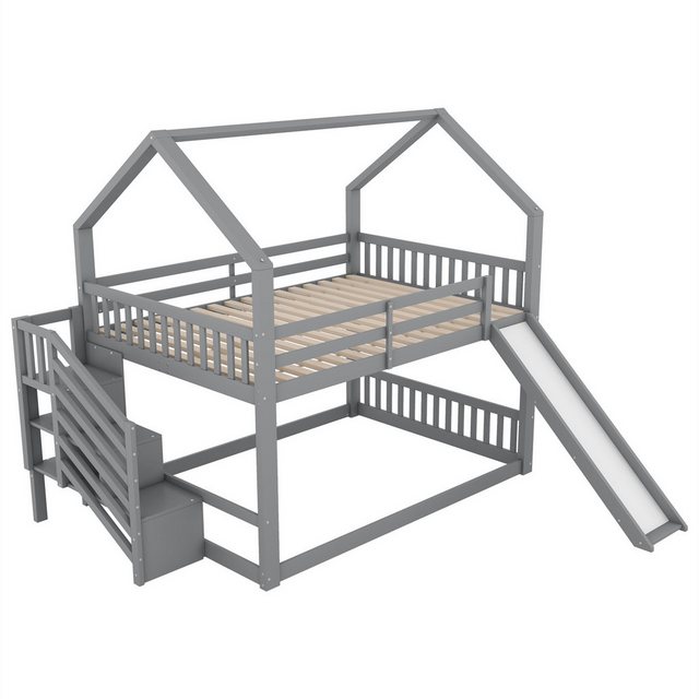 autolock Kinderbett 140x200cm Etagenbett,Kinderbett mit Stauraumtreppe und Rutsche, Hausbett mit Geländer,Bett aus Kiefernholz,geeignet für Kinder