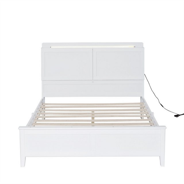 autolock Kinderbett Doppelbett,140x200cm,Ablagefach mit herunterklappbarer Tür,Kiefer+MDF, Offenes Regal Mit Umgebungslichtstreifen,Warmgelber Lichtstreifen