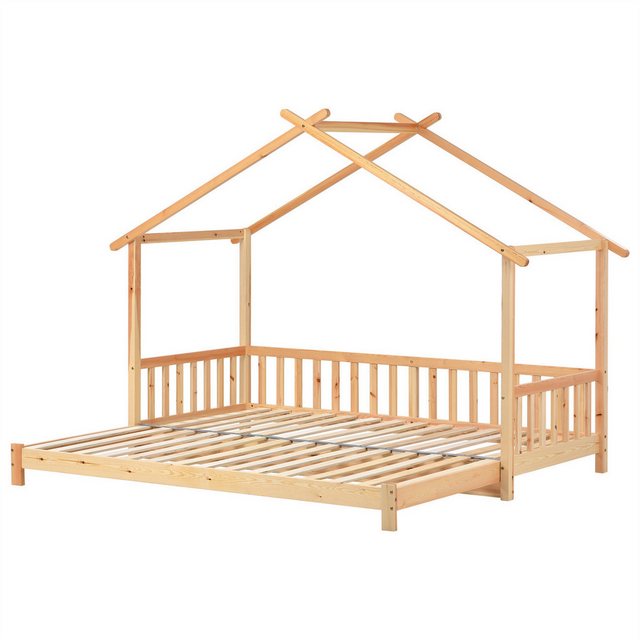 autolock Kinderbett Erweiterbares Baumhausbett, Hausbett, Kinderbett, Tagesbett, Einzel- und Doppelbett, reines Massivholz, natur (200x90cm)