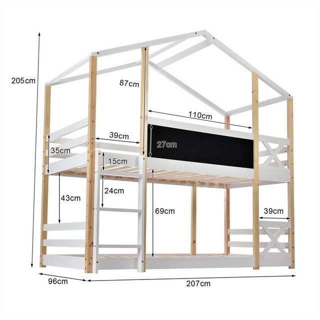 autolock Kinderbett Etagenbett Baumhaus mit Leiter 90 x 200 cm,Hochbett für Kinder, kinderbett mit 2x Lattenrost- Natur & Weiß