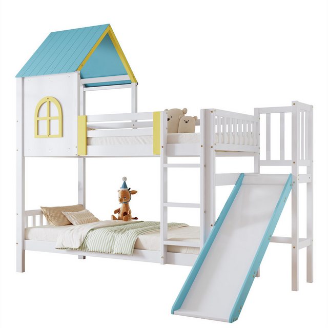 autolock Kinderbett Etagenbett, Hausbett, Kinderbett mit Dach und Fenster,Kiefer+MDF, Bett mit Fallschutz und Gitter, mit dreistufiger Leiter, mit Rutsche