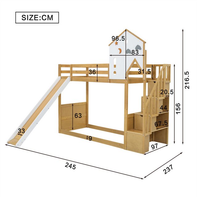 autolock Kinderbett Etagenbett, Kinderbett, Bett mit Ecktreppe, Rutsche, 90x200cm