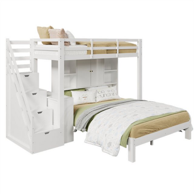 autolock Kinderbett Etagenbett mit Lagerregal,90*200cm+140*200cm,Hochbett,Groß Stauraum, Multifunktional Kinderbett,Mit Beweglich Beistelltisch,Massivholz+MDF