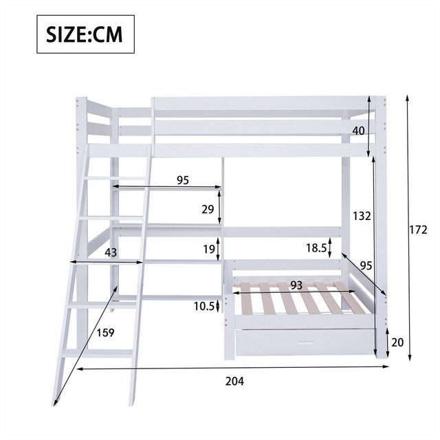 autolock Kinderbett Etagenbett mit Regalen und Sofa,Holzbett mit Schublade,Kinderbett, mit fünfstufiger Schrägleiter, Bettrahmen aus Massivholz