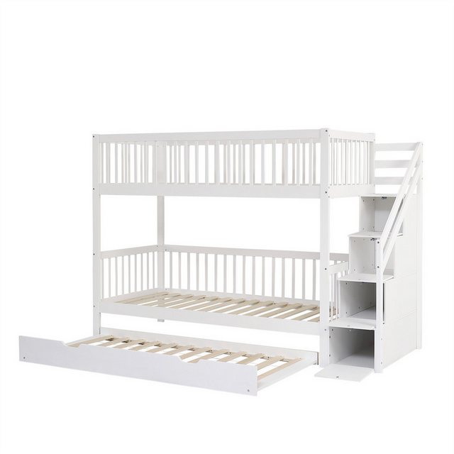 autolock Kinderbett Etagenbett mit Rollbett, Kinderbett mit Leiterschrank und Handlauf, mit Fallschutzgitter an allen Seiten, Kiefer+MDF, 90×200/190cm