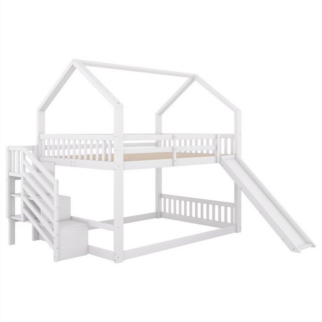 autolock Kinderbett Etagenbett,140x200cm,Hochbett mit Stauraumtreppe und Rutsche, Hausbett Kinderbett mit Geländer,geeignet für Kinder,Jugendliche