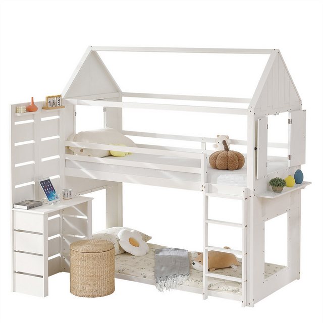 autolock Kinderbett Etagenbett,Hausbett,Kinderbett mit Fallschutz und Gitter,mit Tisch, Mit Offenes Regal, zwei Fenster, Reichlich Stauraum, Kiefer+MDF