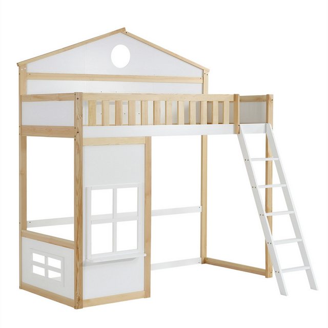 autolock Kinderbett Etagenbett,Hausbett,Kinderbett mit Treppe,Fallschutz und Gitter, mit Dach und Fenster, Frei gestaltetes Unterbett, Rahmen aus Kiefer