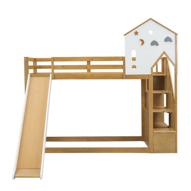 autolock Kinderbett Etagenbett,Hausbett,Kinderbett,Hochbett mit Ecktreppe,Dach und Fenster, mit 3 Schließfächer in der Treppe, Etagenbett mit Rutsche, Kiefer+MDF