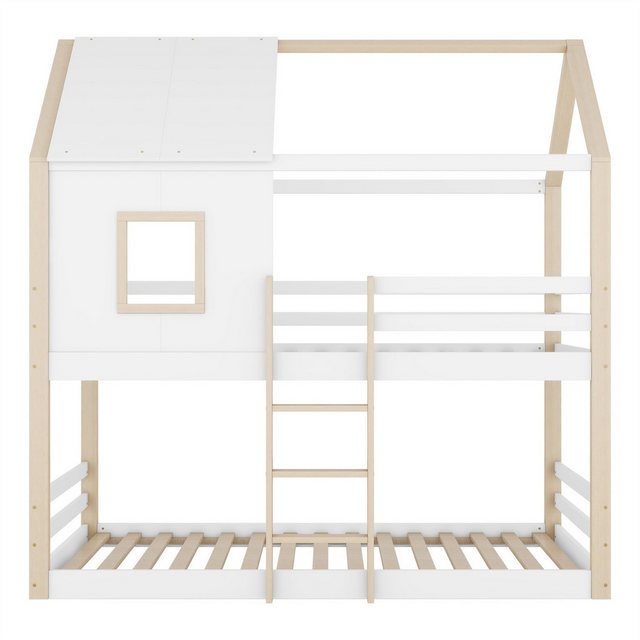 autolock Kinderbett Etagenbett,Kinderbett mit Leiter und Fensterleiste, 90*200cm, Bett mit Lattenrost (ohne Matratze), Kiefer, minimalistischer Stil