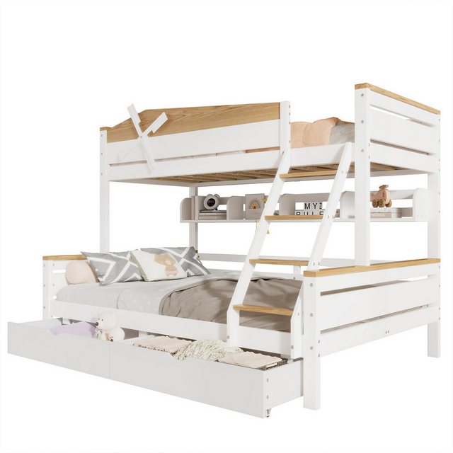 autolock Kinderbett Etagenbett,Kinderbett, mit Windmühle,Regalen,Fallschutzgitter, mit vierstufigen Schrägleiter und Schubladen, Kiefer+MDF