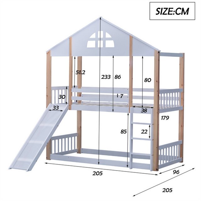 autolock Kinderbett Etagenbett,Kinderbett,Bettrahmen aus Massivholz mit Fenstern, dreistufige Winkelzugleiter,Rutsche, mit Zäunen und Fallschutz