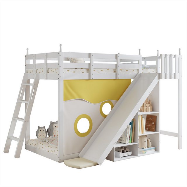 autolock Kinderbett Etagenbett,Kinderbett,Holzbett mit Treppe und Zäune,mit Bettvorhang, Mit Rutsche und Regal,mit Fallschutz und Gitter,Rahmen aus Kiefer