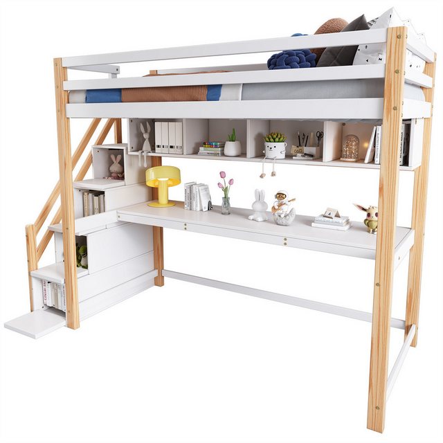 autolock Kinderbett Hochbett mit Stauraumtreppe,aus Kiefernholz,Etagenbett,Kinderbett, mit großen Schreibtisch und Regalen,Umweltfreundliche Farben