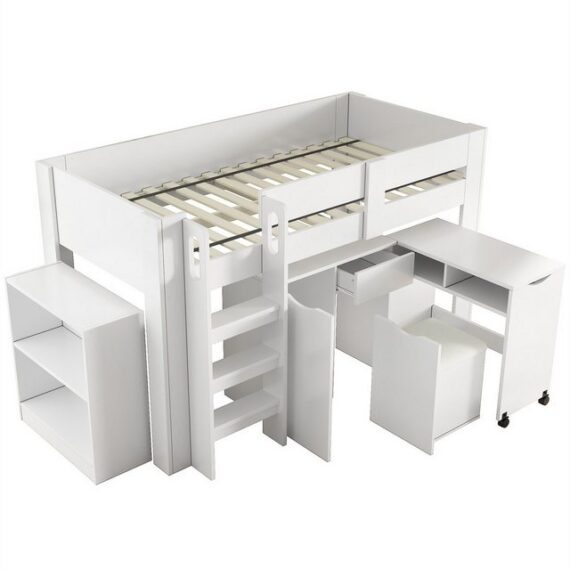 autolock Kinderbett Hochbett,multifunktionales Kinderbett mit Leiter,Teleskopschreibtisch, mit herausnehmbarem Schrank,Regal,Schublade,Stuhl inklusive PU-Kissen