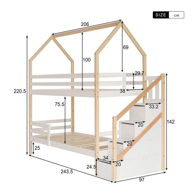 autolock Kinderbett Ins aus dem Bett kommen Doppelbett,Kinderbett in Hausform, Leiterschrank,Kiefernholz Haus Bett for Kids, 90 x 200 cm