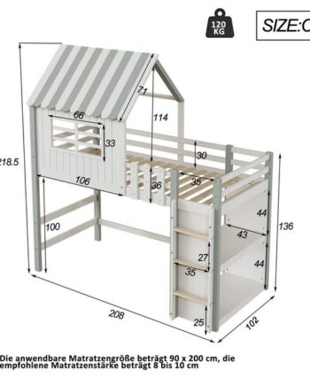 autolock Kinderbett Kinderbett Multifunktionsbett,Heimbett Dachform mit Sicherheitsleiter, 90*200cm mit Ablagefach Massivholzbett mit Lattenrost