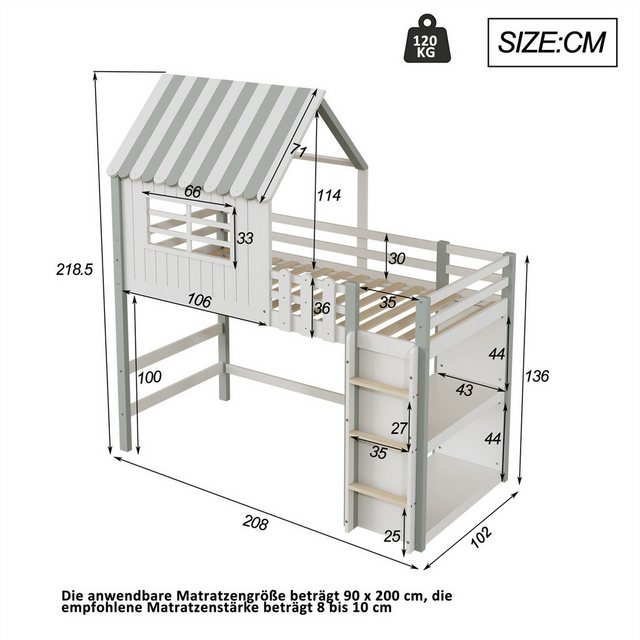 autolock Kinderbett Kinderbett Multifunktionsbett,Heimbett Dachform mit Sicherheitsleiter, 90*200cm mit Ablagefach Massivholzbett mit Lattenrost