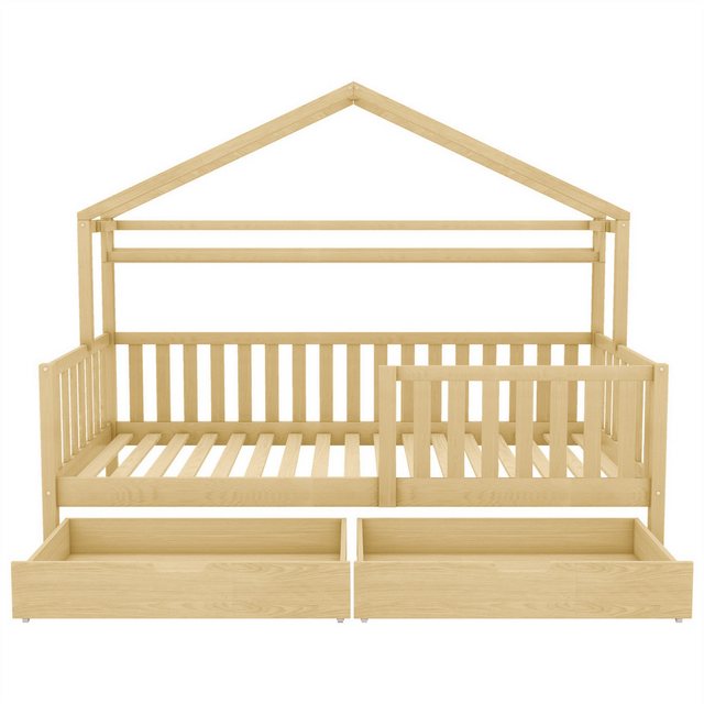 autolock Kinderbett Kinderbett in Holzfarbe,Kinderbett Hausbett mit Schubladen, Massivholz mit Lattenrost, Kiefernholz Hausbett,90×200