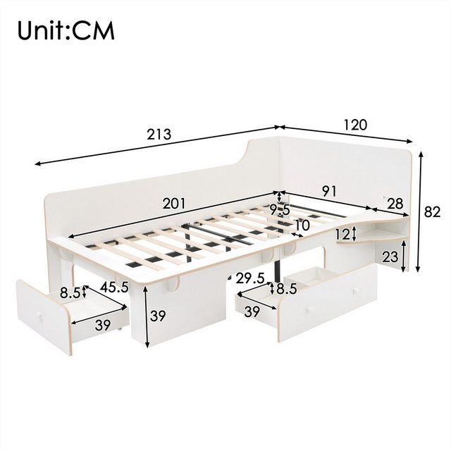 autolock Kinderbett Kinderbett mit Leselicht,USB,Type C und 3 Schubladen,90 x 200cm