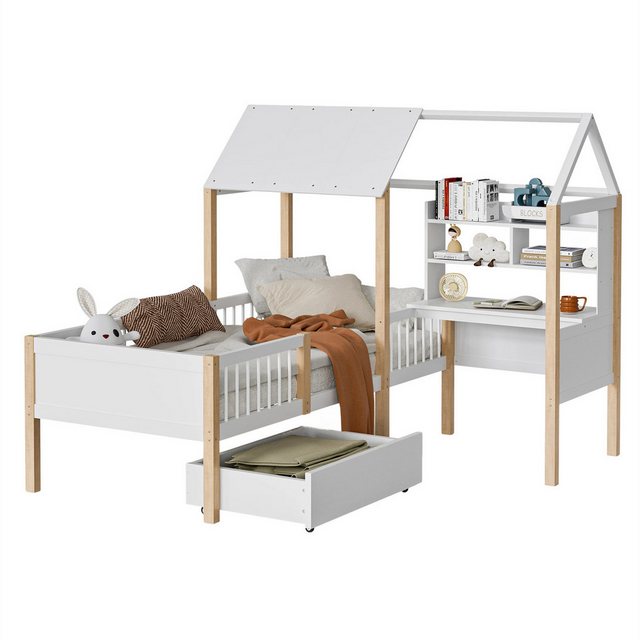 autolock Kinderbett Kinderbett mit Rausfallschutz und Lattenrost, L-förmigem Schreibtisch, multifunktionales Hausbett mit Bücherregal, Schubladen mit Rollen