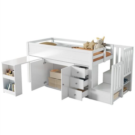 autolock Kinderbett Kinderhochbett,Mit Ausziehbarem Schreibtisch, Ablagefach,Schrank, Multifunktionales Kinderbett,Mit Schublade,Treppe,Treppenschrank