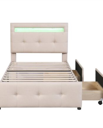 autolock Kinderbett Polsterbett Einzelbett Kinderbett,Gästebett mit LED-Leuchten, 2 Schubladen,hautfreundlicher Leinenpolsterung flach Jugendbett