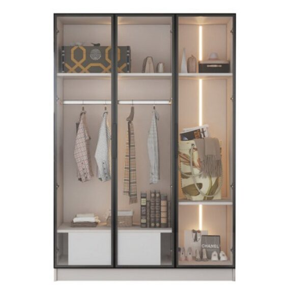 autolock Kleiderschrank Weißer Kleiderschrank mit 3 Glastüren- 110*50*160 cm