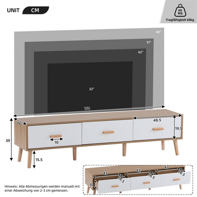 autolock TV-Schrank TV Low Panel Vintage, TV-Schrank Holz TV-Tisch, 150*35*39cm