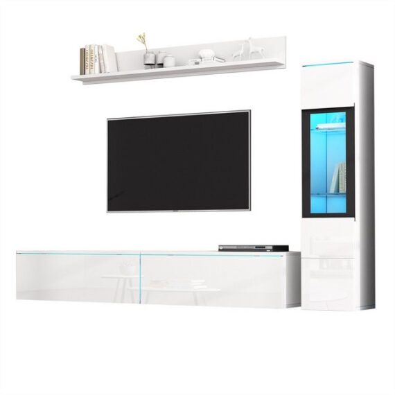 autolock TV-Schrank TV Wohnwand Set,3-teilig LED Beleuchtung Hochglanz TV-Schrank,TV-Möbel Wohnzimmermöbel Set inkl.TV Schrank,Wohnzimmer Vitrine,Hängeregal