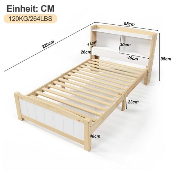 BlingBin Einzelbett Jugendbett Holzbett (1-tlg., Holzbett mit Stauraum-Kopfteil, 90 x 200 cm), Kinderbett Jugendbett Kiefer massiv Natürlich und Weiß