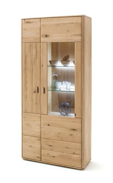 expendio Vitrine Renzo 5 Balkeneiche Bianco massiv 96x208x38 cm mit Softclose und Beleuchtung