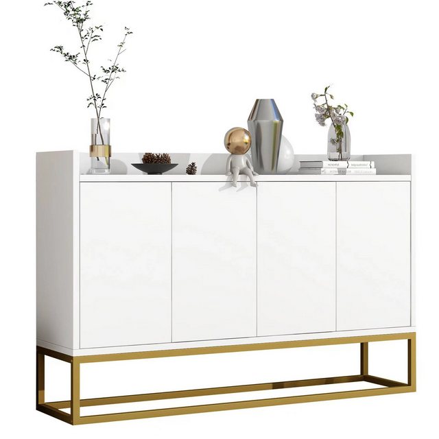 Fine Life Pro Beistellschrank Modernes Sideboard im minimalistischen Stil 4-türiger griffloser Buffetschrank für Esszimmer, Wohnzimmer, Küche (weiß)