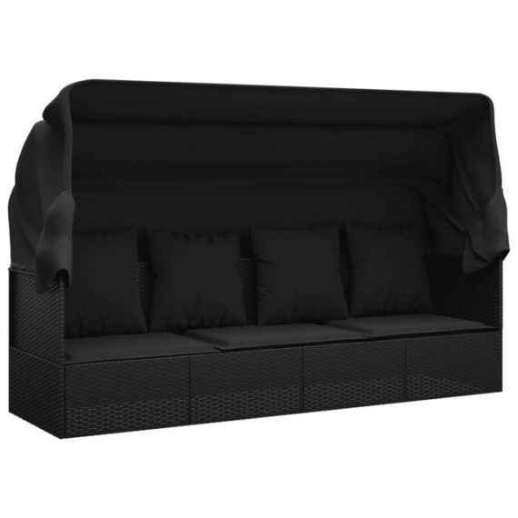 furnicato Bett Outdoor-Loungebett mit Dach und Kissen Schwarz Poly Rattan (1-tlg)