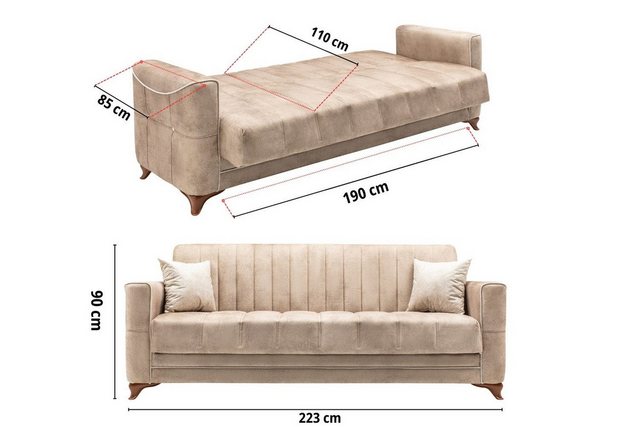 gowoll Sofa mit Schlaffunktion und Bettkasten Schlafsofa 190 Cm Breit, 3 Sitzer Bettfunktion Wohnzimmer Möbel