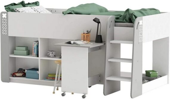 habeig Hochbett Kinderbett HOCHBETT Weiss Schreibtisch Treppe KOMBIBETT 90x200cm