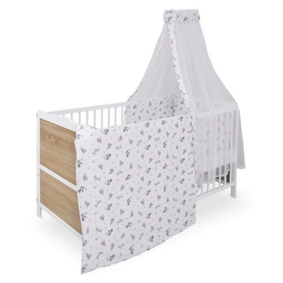 jonka Babybett Max - Spielparty - Weiß Eiche, Set inkl. Bettwäsche, Himmel & Matratze 70x140 cm mit Schlupfsprossen