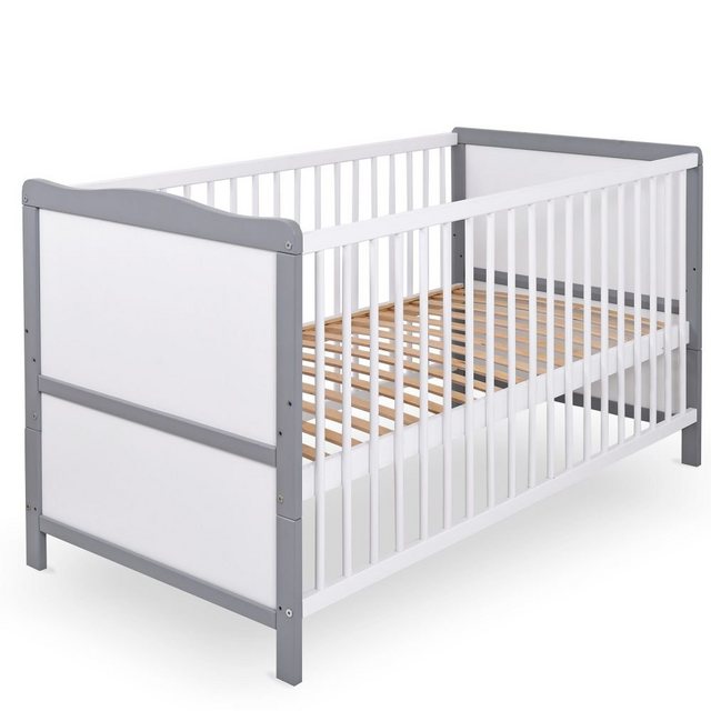 jonka Babybett Moritz – Weiß Grau, Kinderbett 70 x 140 cm – umbaubar zu Juniorbett mit Schlupfsprossen