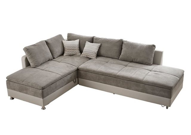 luma-home Ecksofa 15102, Dauerschläfer-Doppelbett 306×223 cm, Schwenkteil rechts, Bettkasten, Regal, Boxspring, Federkern, Wellenunterfederung, Topper, Mikrofaser Grau Braun/Kunstleder Beige