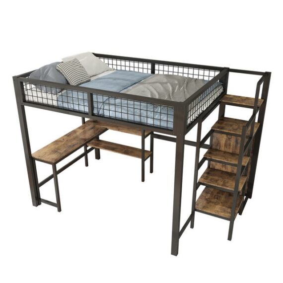 MODFU Kinderbett Hochbett Eisenbett Metallbett Gästebett Jugendbett (aus Metall mit Ablageleiter, Schreibtisch & Einbauschrank - platzsparende Lösung für Jugend- & Schlafzimmer, 140X200cm), ohne Matratze