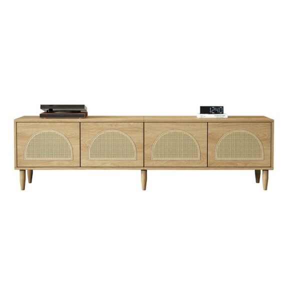 Rutaqian TV-Schrank Rustikaler TV-Schrank mit 4 Rattantüren, 180x40x51 cm (Fernsehschrank Höhenverstellbaren Füßen, 4 Kabelmanagement-Löchern, Für bis zu 80 Zoll Fernseher,TV-Konsolentisch,Lowboards,Unterschrank)