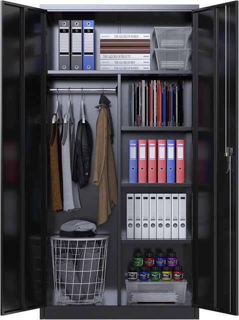 AOBABO Aktenschrank Mehrzweckschrank, Garderobenschrank mit Kleiderstange (1-St) mit 6 Fächern, Abschließbar, 180x80x40cm, schwarz