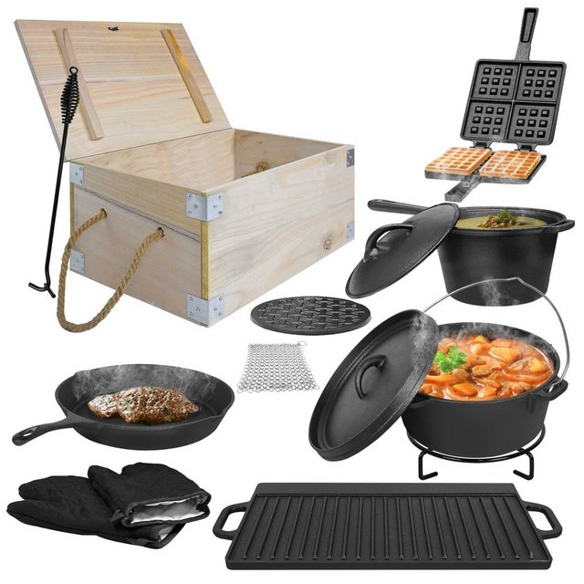 AUFUN Feuertopf Dutch Oven Set, Gusseisen Eingebrannt mit Deckelheber, (12-tlg BBQ Feuertopf aus massivem dickwandigen Gusseisen, für gesellige Grill Abenteuer, Gusseisen), inkl. Isolationshandschuhe, Aufbewahrungsbox & Niederländischer Topf