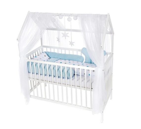 Babyhafen Babybett Hausbett Kinderbett 120x60 Matratze Minky Bettset Sterne Rosa Blau, Komplettbettset