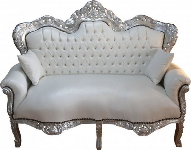 Casa Padrino 2-Sitzer Barock 2-er Sofa King Weiß Lederoptik / Silber – Wohnzimmer Couch Möbel Lounge