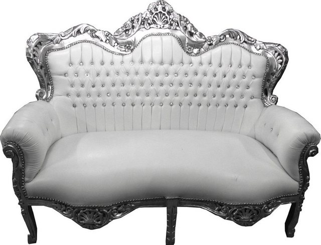 Casa Padrino 2-Sitzer Barock 2-er Sofa King Weiß Lederoptik / Silber mit Bling Bling Glitzersteinen – Wohnzimmer Couch Möbel Lounge