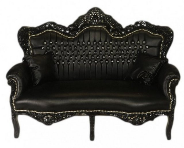 Casa Padrino 2-Sitzer Barock 2er Sofa Master Schwarz Lederoptik / Schwarz mit Bling Bling Glitzersteinen – Wohnzimmer Couch Möbel Lounge